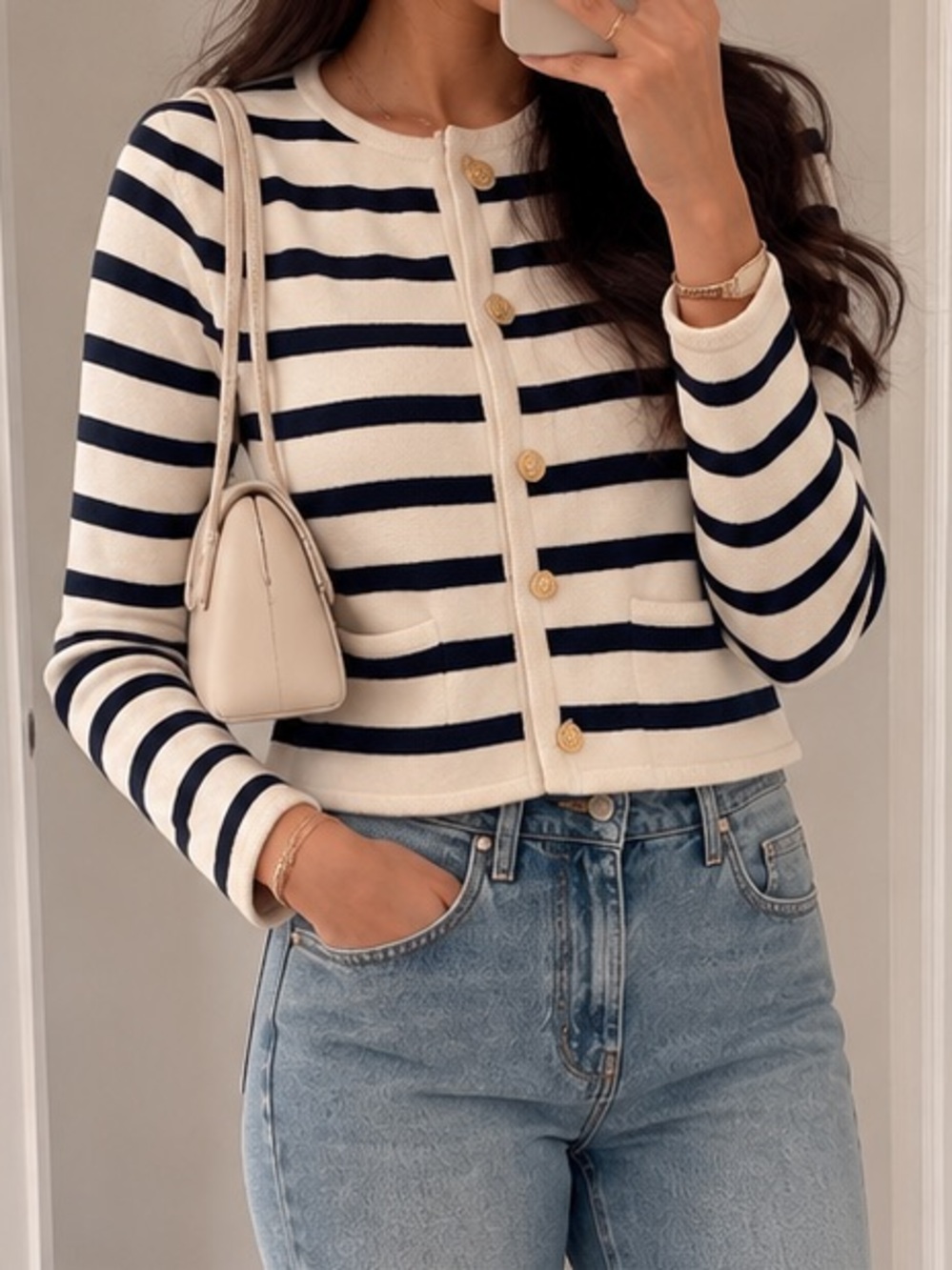 Abercrombie & Fitch White and Navy Striped Cardigan Jacket